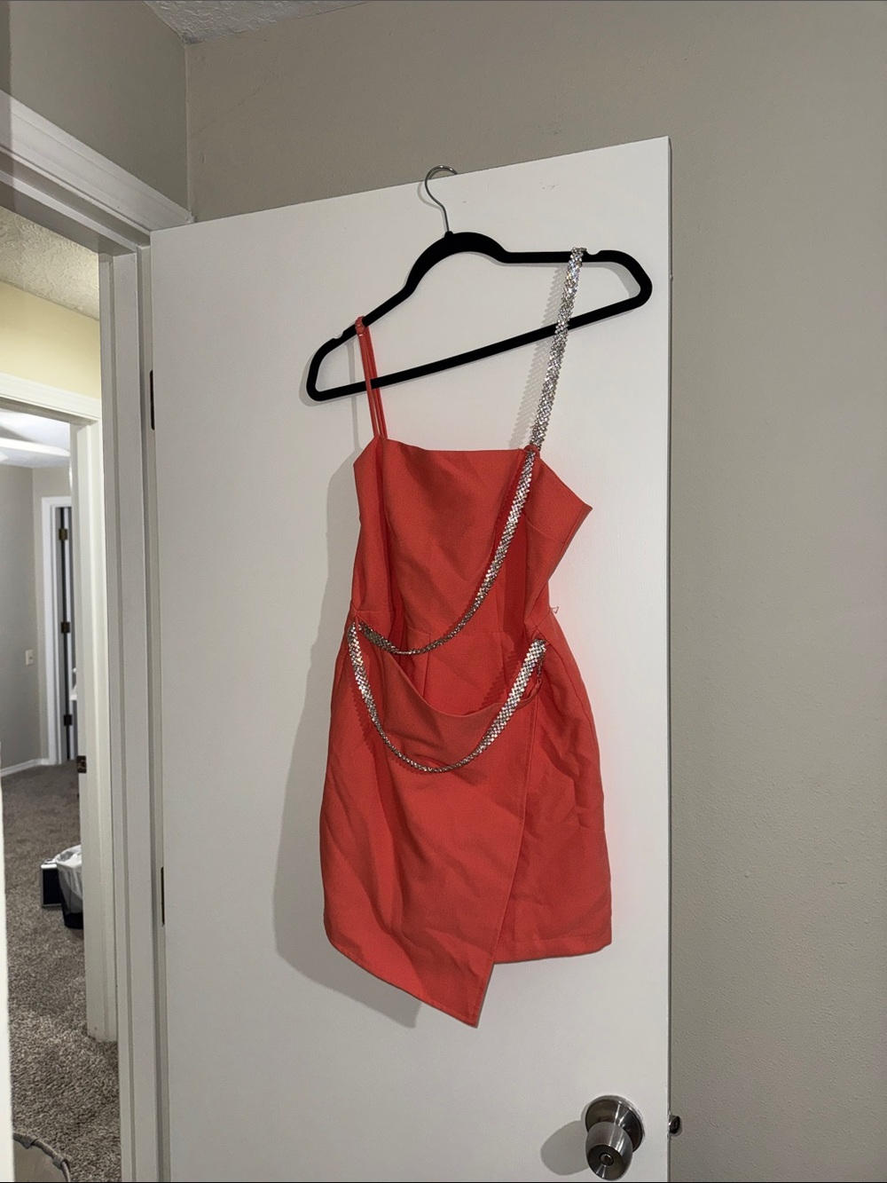 Women’s Asymmetrical Mini Romper with Chain Detail - Coral